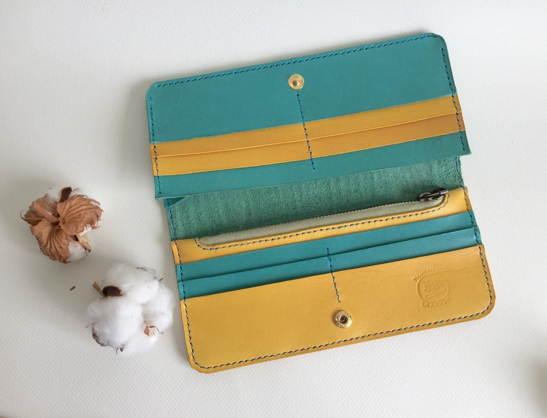 夏日风情长夹＿皮革手工缝制 Bright Handcraft Wallet - 皮夹/钱包 - 真皮 蓝色