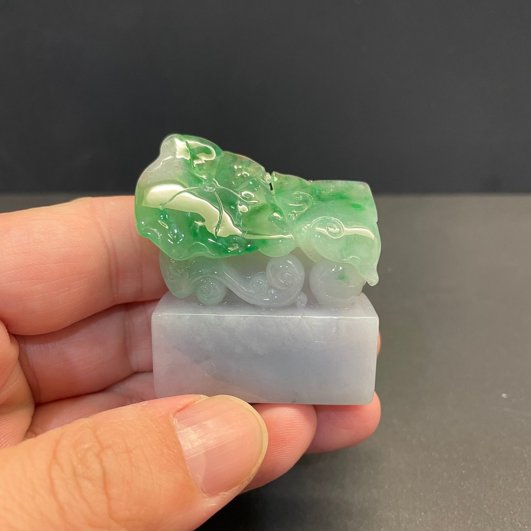瀚玉珠宝 天然翡翠 冰种绿荷叶如意印章 天然缅甸玉印章 翡翠印章 - 其他 - 玉石 