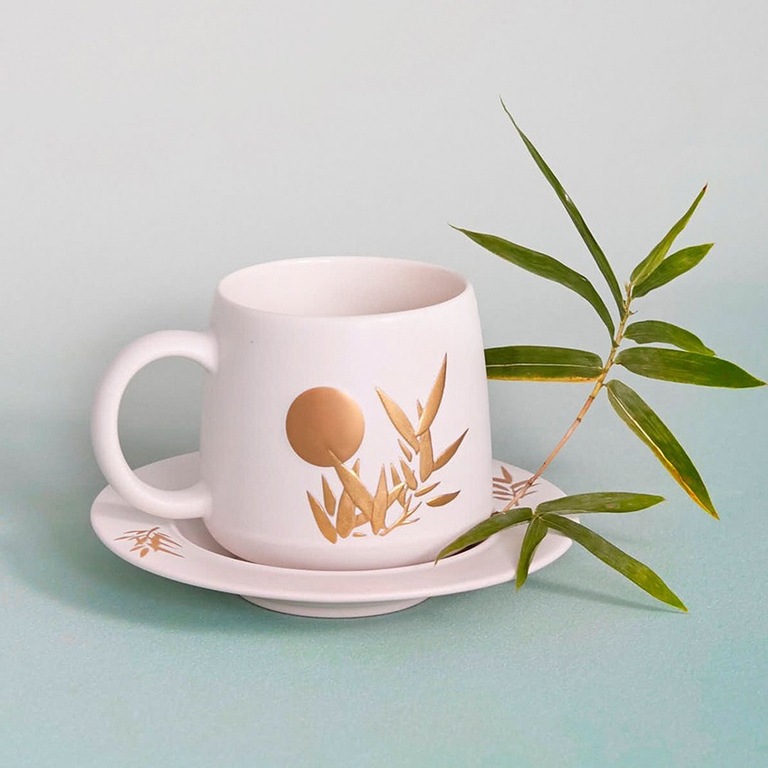 竹月雅韵咖啡杯 / 附杯盘 / 鎏金 / 3色 420ml - 咖啡杯/马克杯 - 瓷 白色