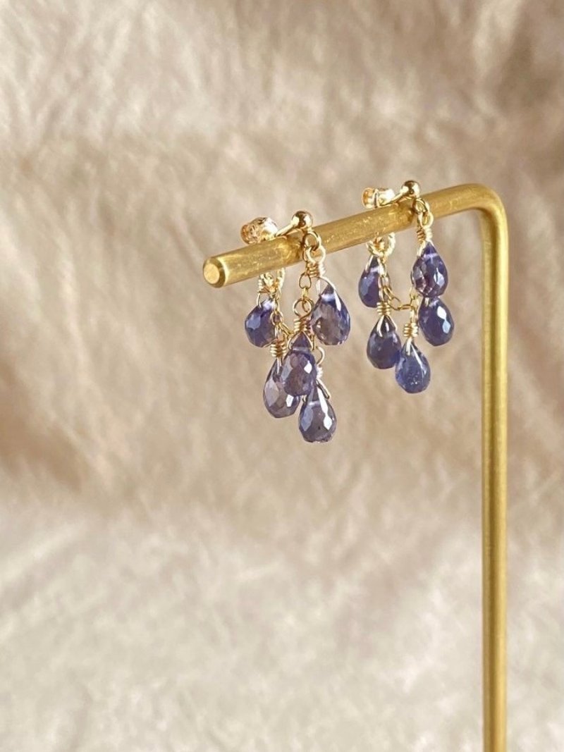 水晶吊灯 | 堇青石 立体水滴 || 14KGF注金 小华丽 耳环 - 耳环/耳夹 - 水晶 蓝色
