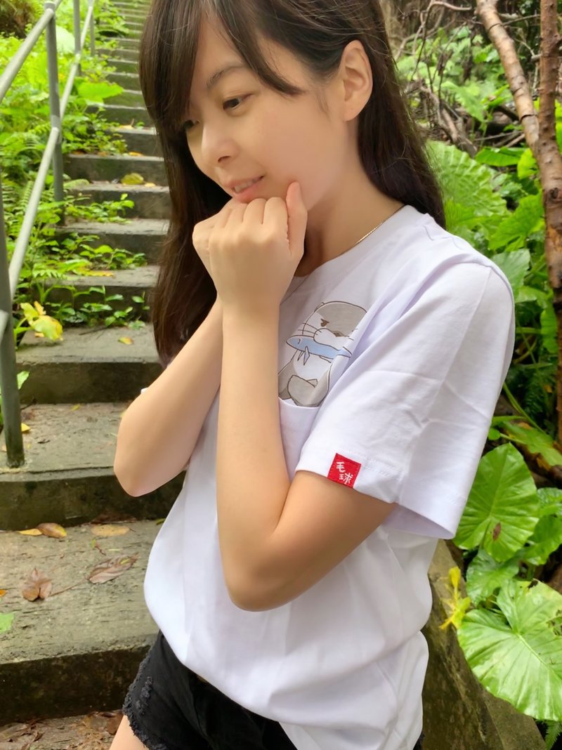 自信 水獭 情侣 Pocket T恤 - 中性连帽卫衣/T 恤 - 棉．麻 白色