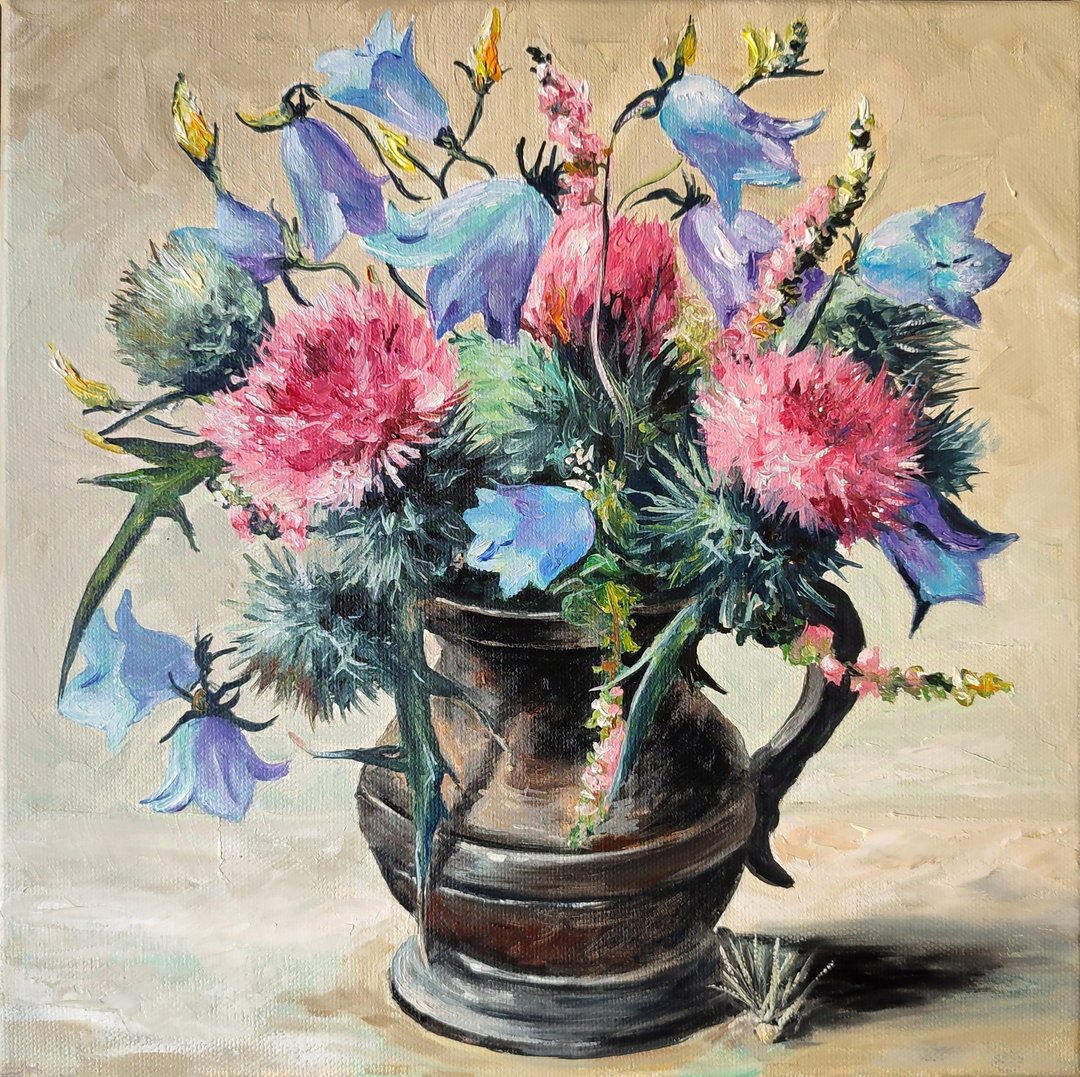 花画 Thistle 保存植物 Hanging Art 原画 Hand-Painted Art 花画 原创 结肠蓟 - 海报/装饰画/版画 - 其他材质 多色