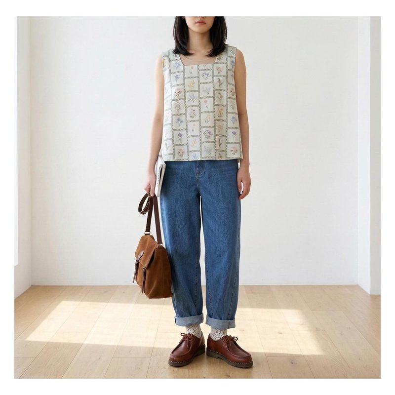 方领无袖上衣，花卉图案 - 女装上衣 - 棉．麻 