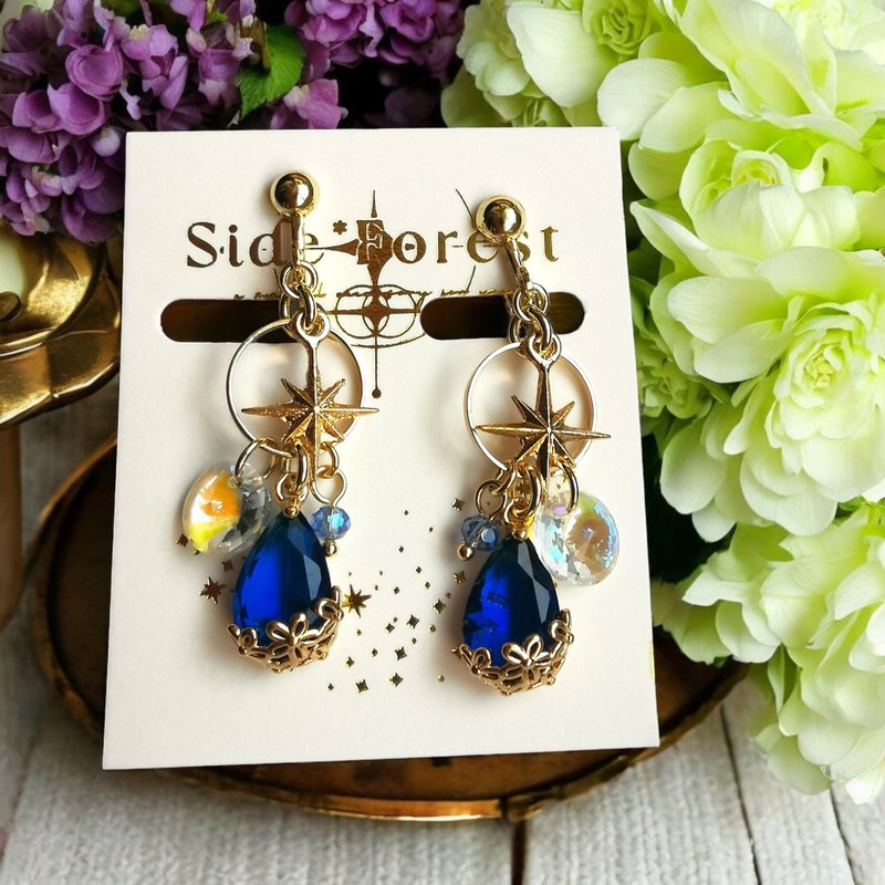 花痴盛开的山上星星的祝福BU - 耳环/耳夹 - 玻璃 蓝色