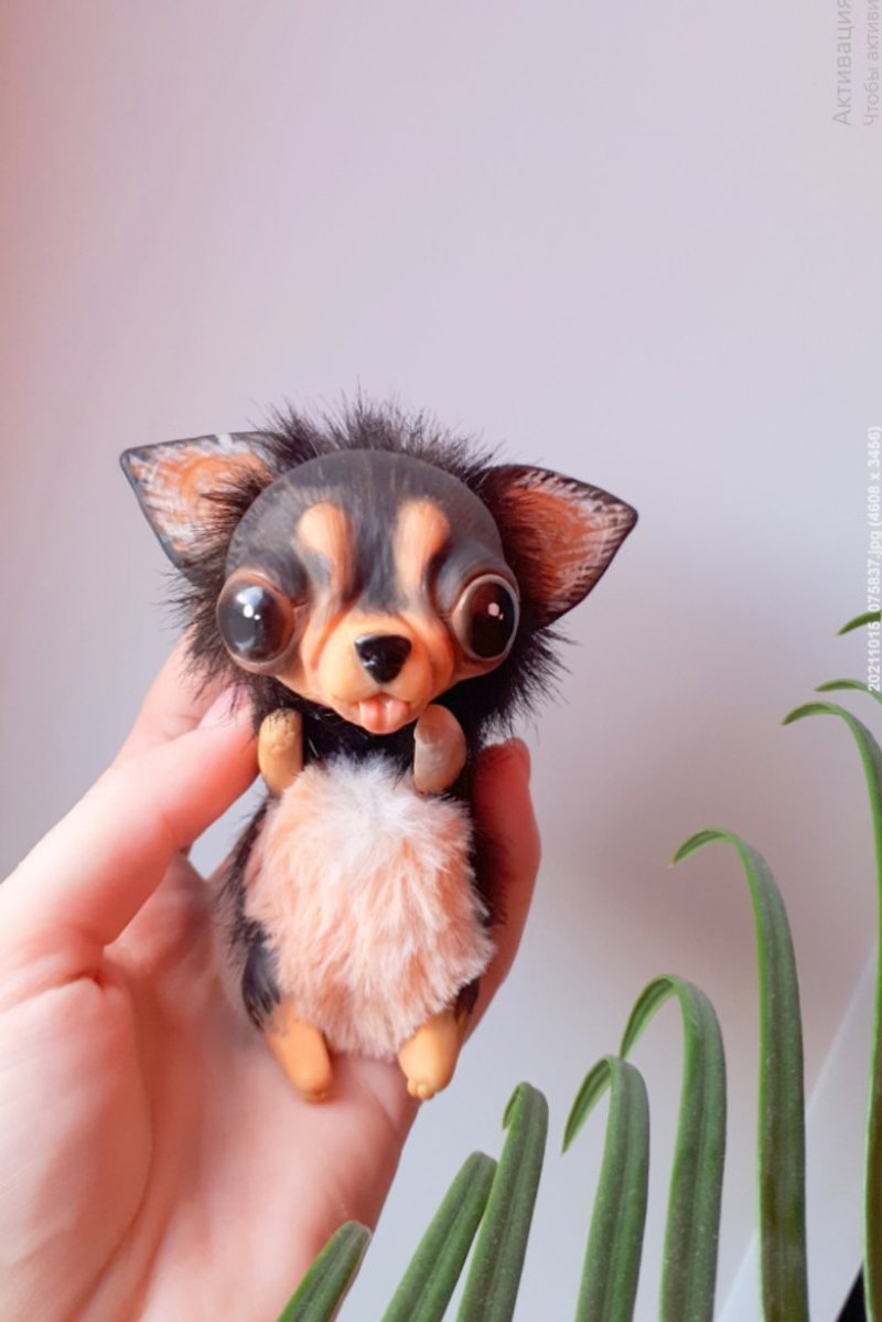 Long hair Chihuahua Teddy Puppy Plush Toy Dog Stuffed Animal Collection Figurine - 玩偶/公仔 - 其他材质 黑色