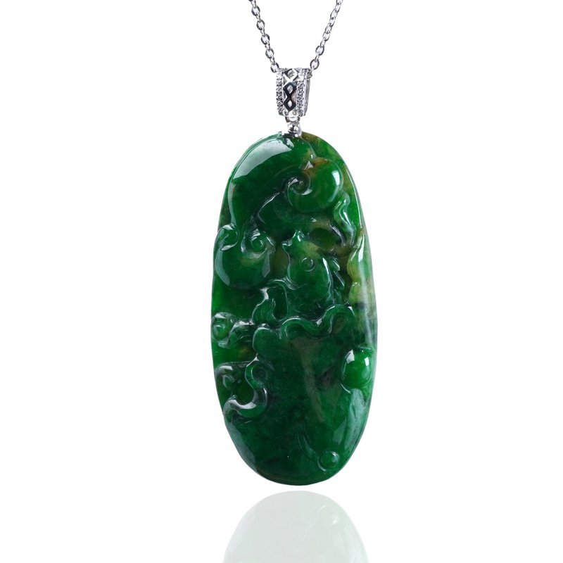 老坑绿翡翠荷包有鱼项链 18K金钻石 | 天然缅甸玉翡翠A货 | 送礼 - 项链 - 玉石 绿色