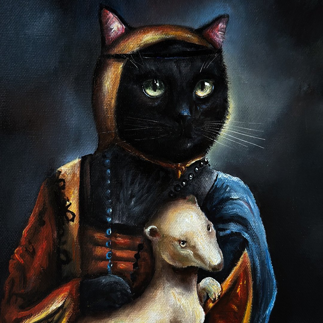 黑猫原创画布画作，猫咪壁挂艺术，黑猫肖像，复古艺术 - 墙贴/壁贴 - 棉 多色
