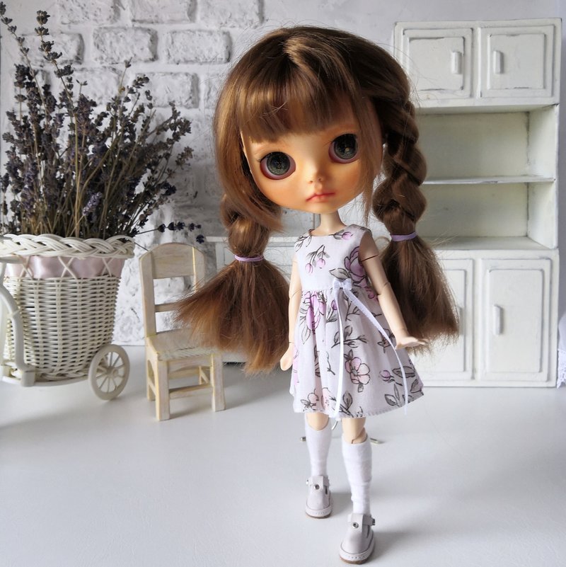Blythe 娃娃衣服 1/6，可爱削肩夏季连身裙。服装布莱斯娃娃 - 玩偶/公仔 - 棉．麻 