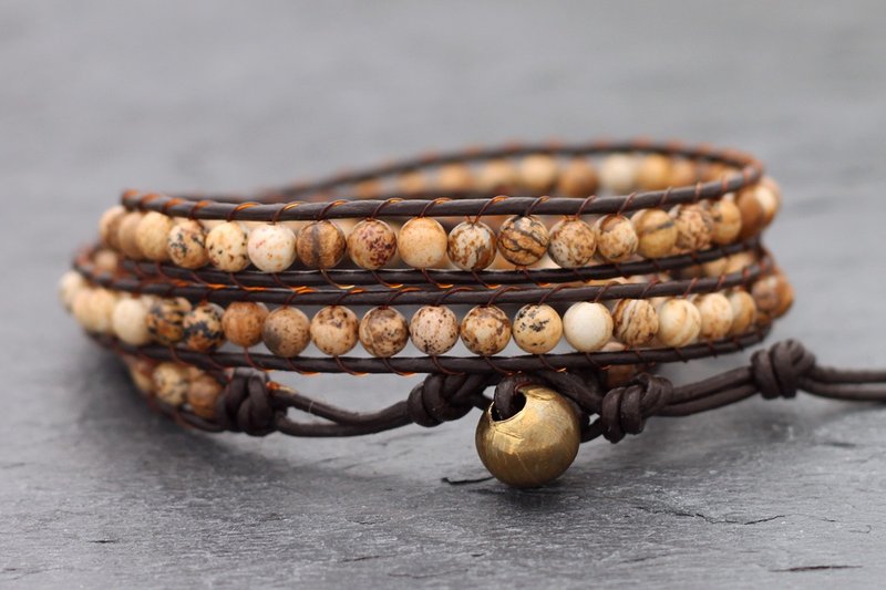 布朗贾斯珀皮革手镯串珠编织男子中世纪 - 手链/手环 - 真皮 咖啡色