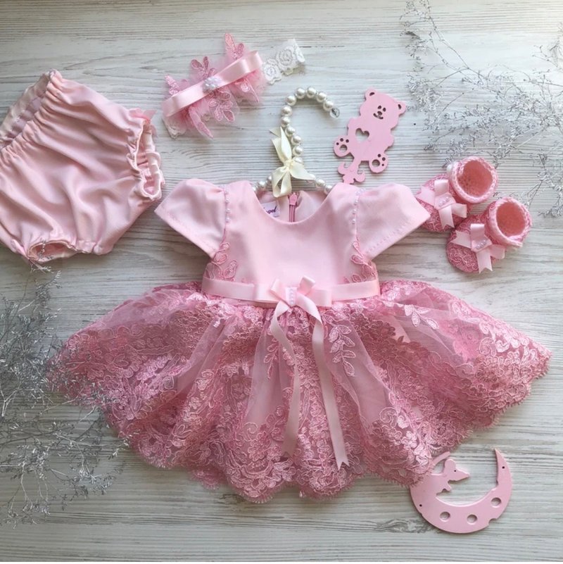 Pink dress with lace and sparkles, panties, headband and shoes for baby girl. - 童装礼服/连衣裙 - 其他金属 粉红色