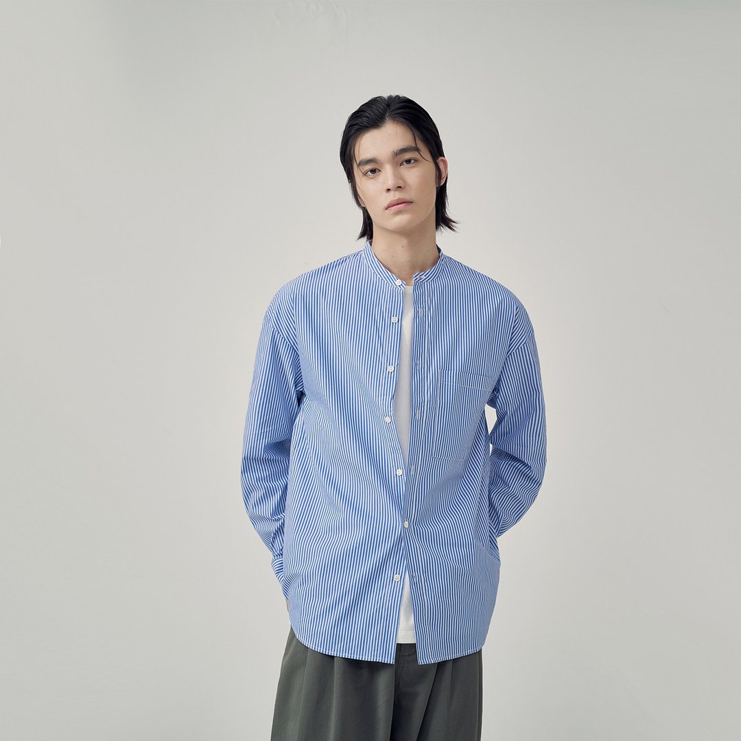 JARVISTORM2021秋新款简约日系都市时尚色织蓝条纹无领长袖衬衫男 - 男装衬衫 - 棉 多色