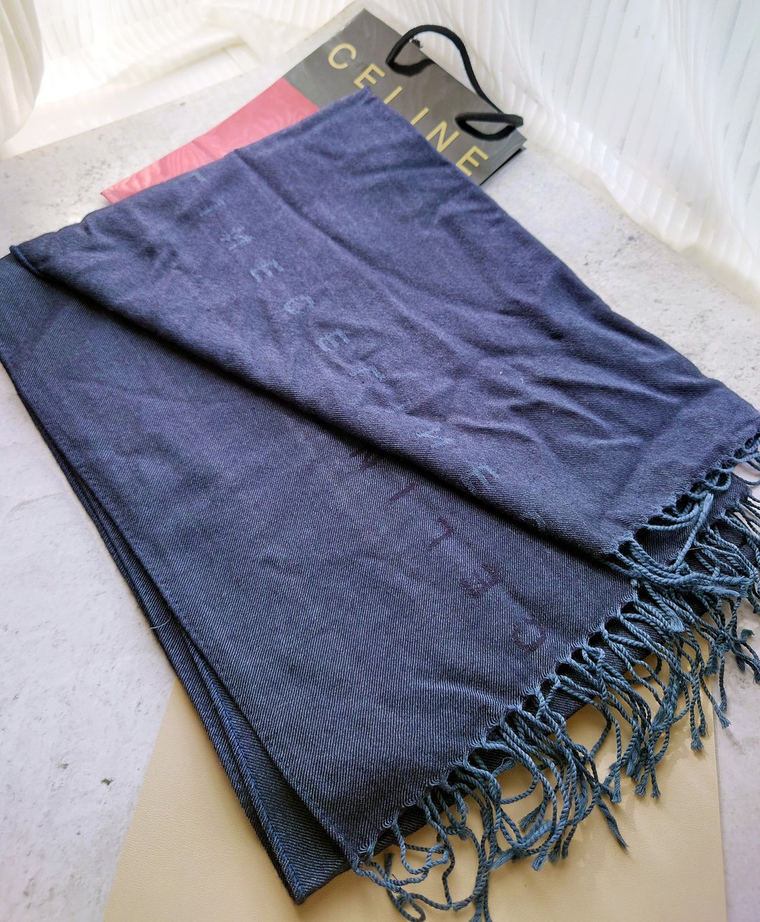 中古孤品 CELINE 流苏大尺寸 羊毛 毛毯盖毯颈巾围巾领巾围脖披肩 - 围巾/披肩 - 羊毛 蓝色