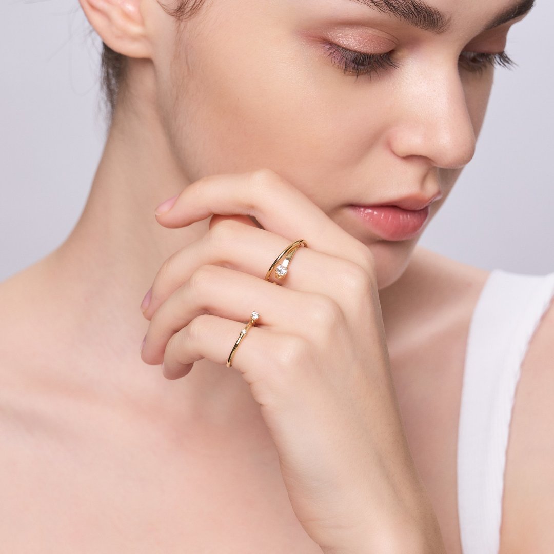 轻奢宝石三指戒 Inclusivo Diamond 3 Finger Ring - 戒指 - 纯银 金色
