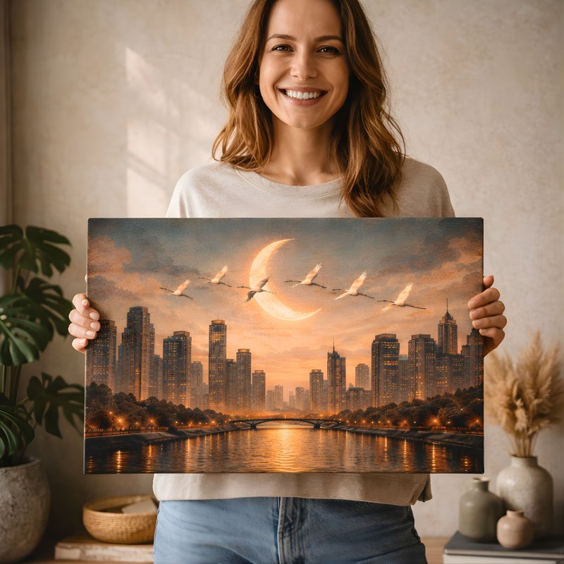 城市夜景挂画, 月亮天空壁画, 都市风艺术画, 现代风装饰, 客厅卧 - 墙贴/壁贴 - 棉．麻 