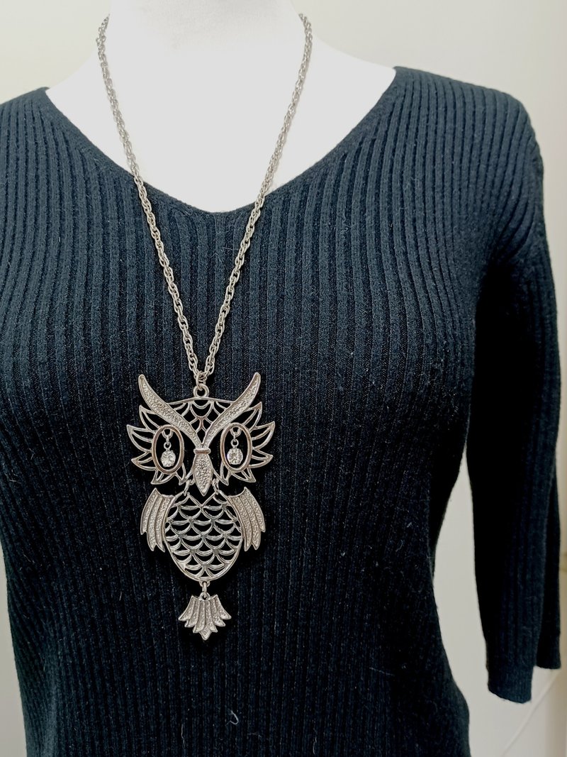 vintage jewelry 银色镂空大型猫头鹰项链 - 项链 - 其他金属 