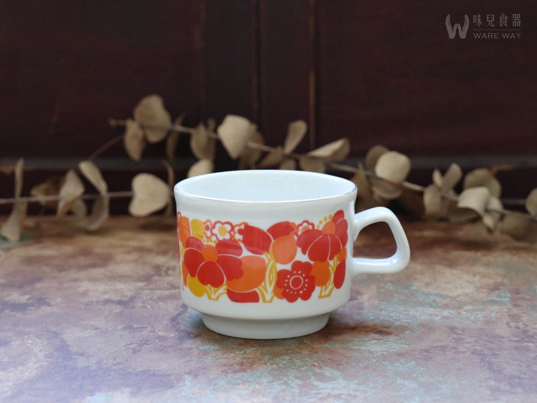 早期印花厚实咖啡杯－红花 (餐具/旧物/老件/SEN YIE/陶瓷) - 咖啡杯/马克杯 - 陶 红色