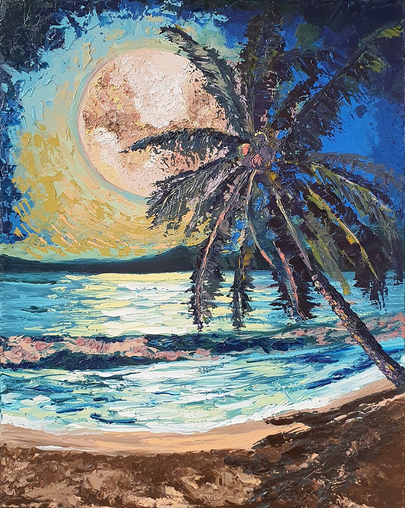Original Oil Painting Hawaii Hapuna Beach Wall Art Palm Trees Seascape Artwork - 海报/装饰画/版画 - 其他材质 蓝色