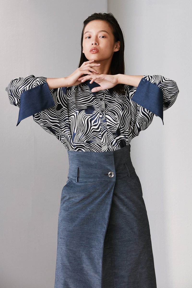 连袖印花衬衫 - 女装上衣 - 聚酯纤维 蓝色