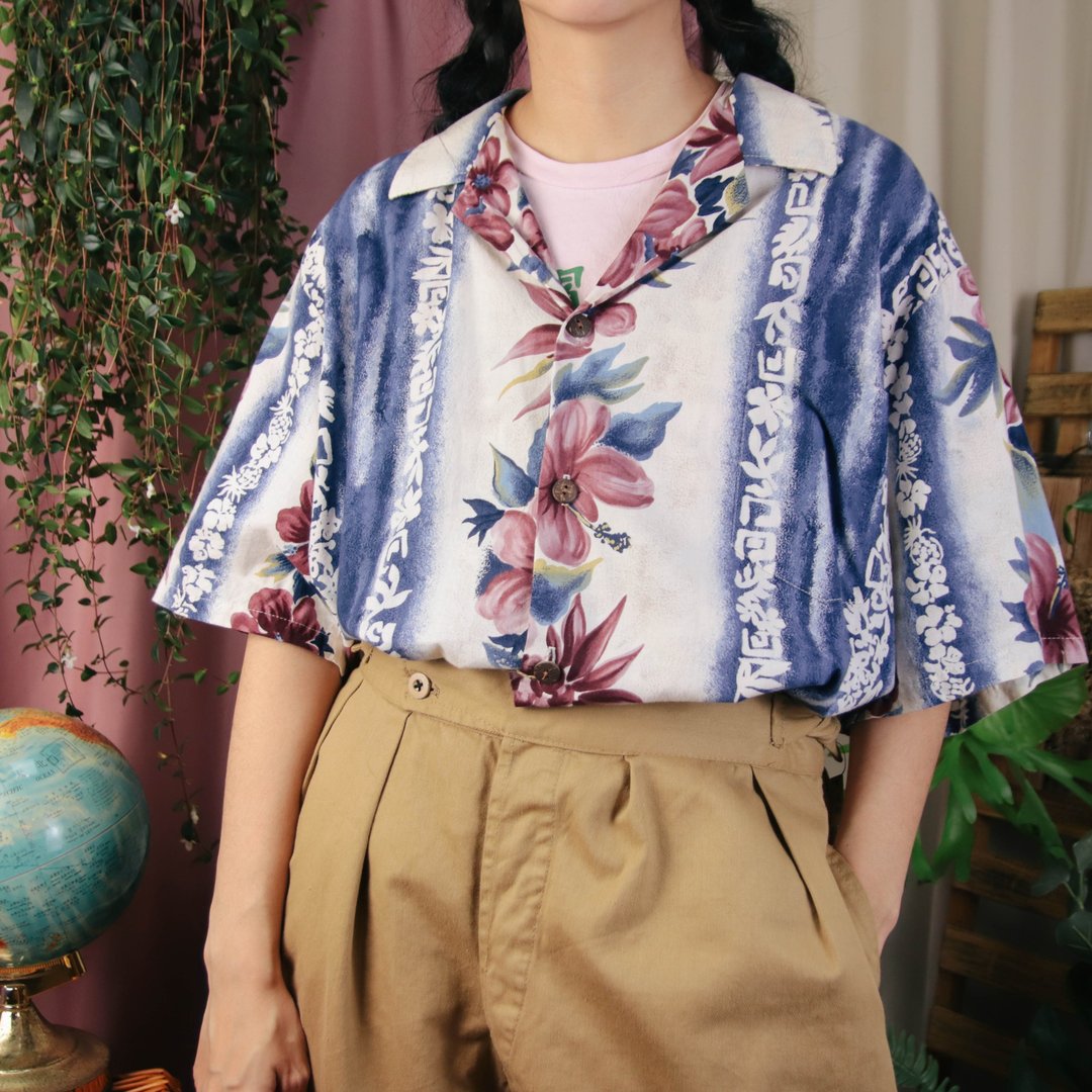夏威夷衫C05 白/蓝色 花衬衫 印花 夏季 【Tsubasa.Y 古着屋】 - 女装衬衫 - 其他材质 白色