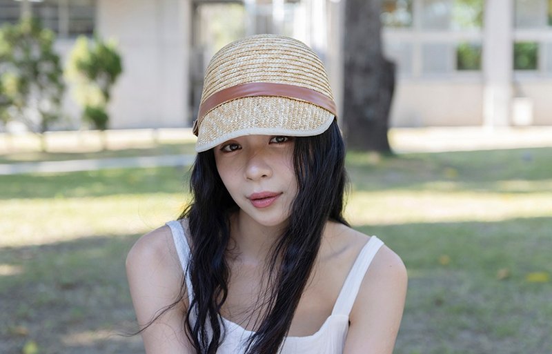 Unni文艺诗意草帽(防晒)-编织帽 帽子 登山帽 草帽 防晒 straw h - 帽子 - 聚酯纤维 卡其色