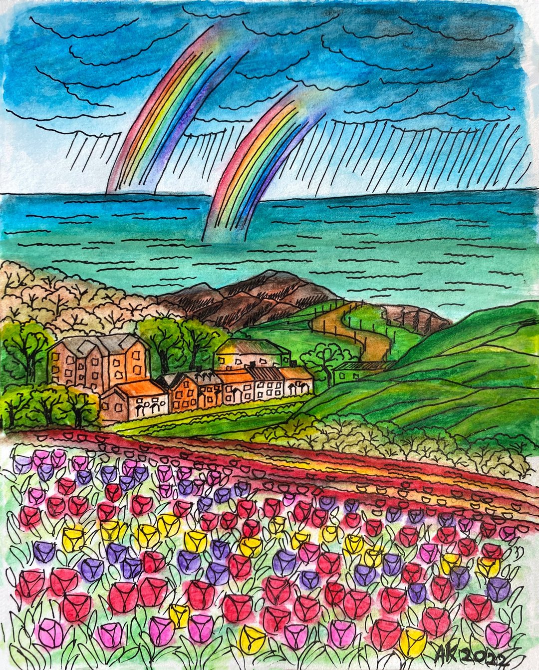 郁金香谷水彩画，风景艺术品，花田，荷兰 - 墙贴/壁贴 - 其他材质 绿色