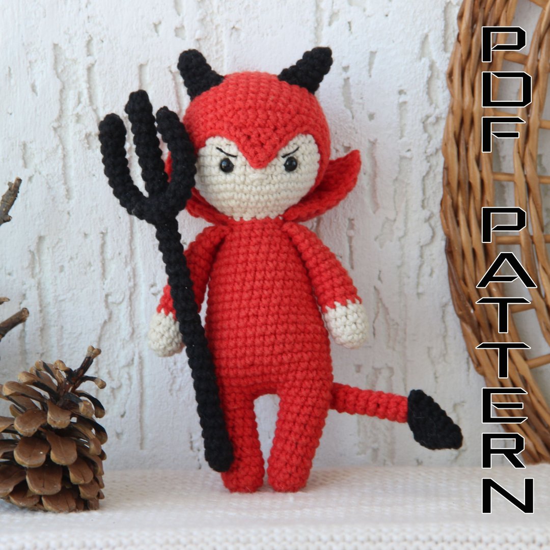 Amigurumi PATTERN Halloween Devil Toy Satan for dia de los muertos and halloween - 编织/刺绣/羊毛毡/裁缝 - 其他材质 白色