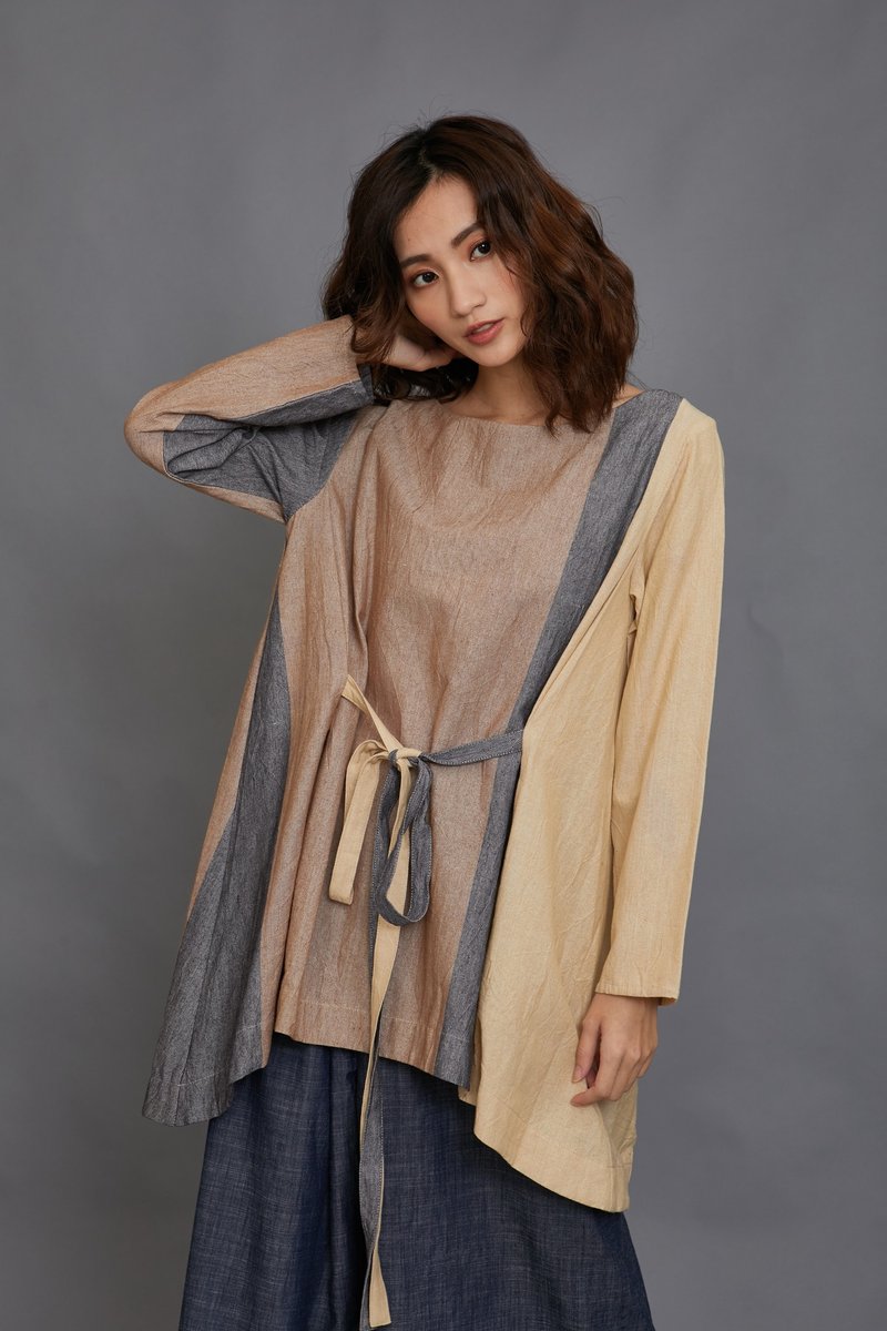 拼色绑带长版上衣-秋日夕阳-公平贸易 - 洋装/连衣裙 - 棉．麻 多色