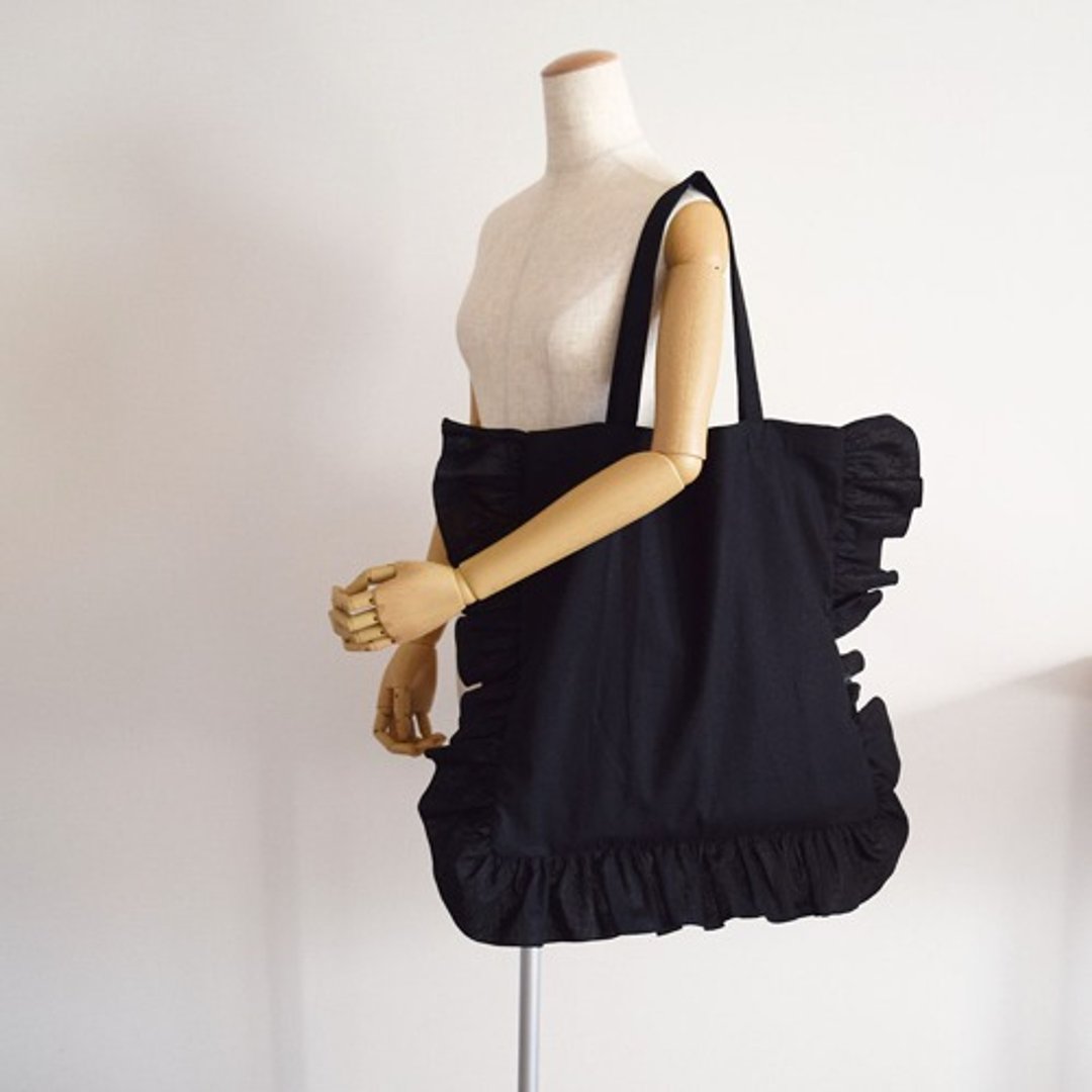 Half Linen Plenty of Frill Gather Big Size Tote Bag Black - 手提包/手提袋 - 棉 黑色