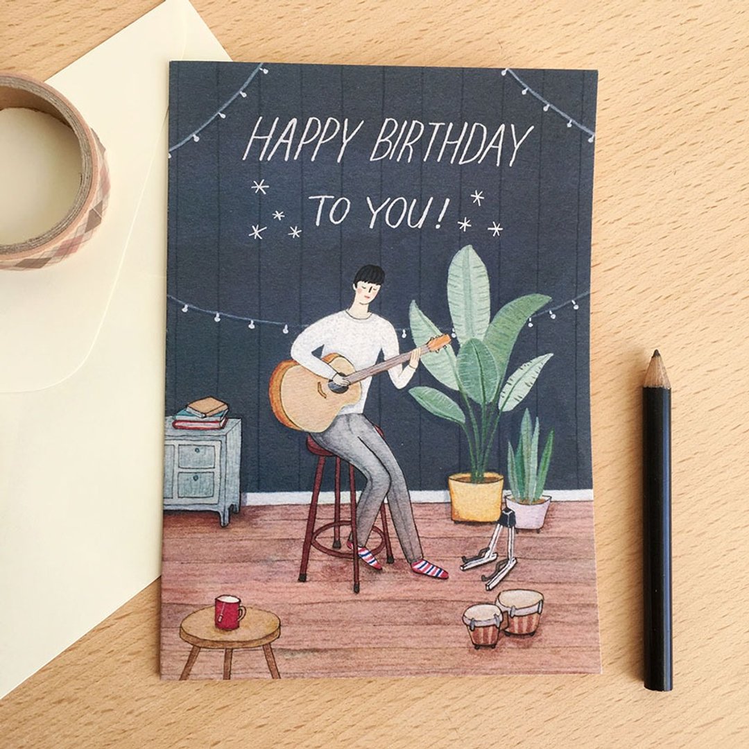 【生日卡】男孩和结他－birthday card (连信封) - 卡片/明信片 - 纸 粉红色