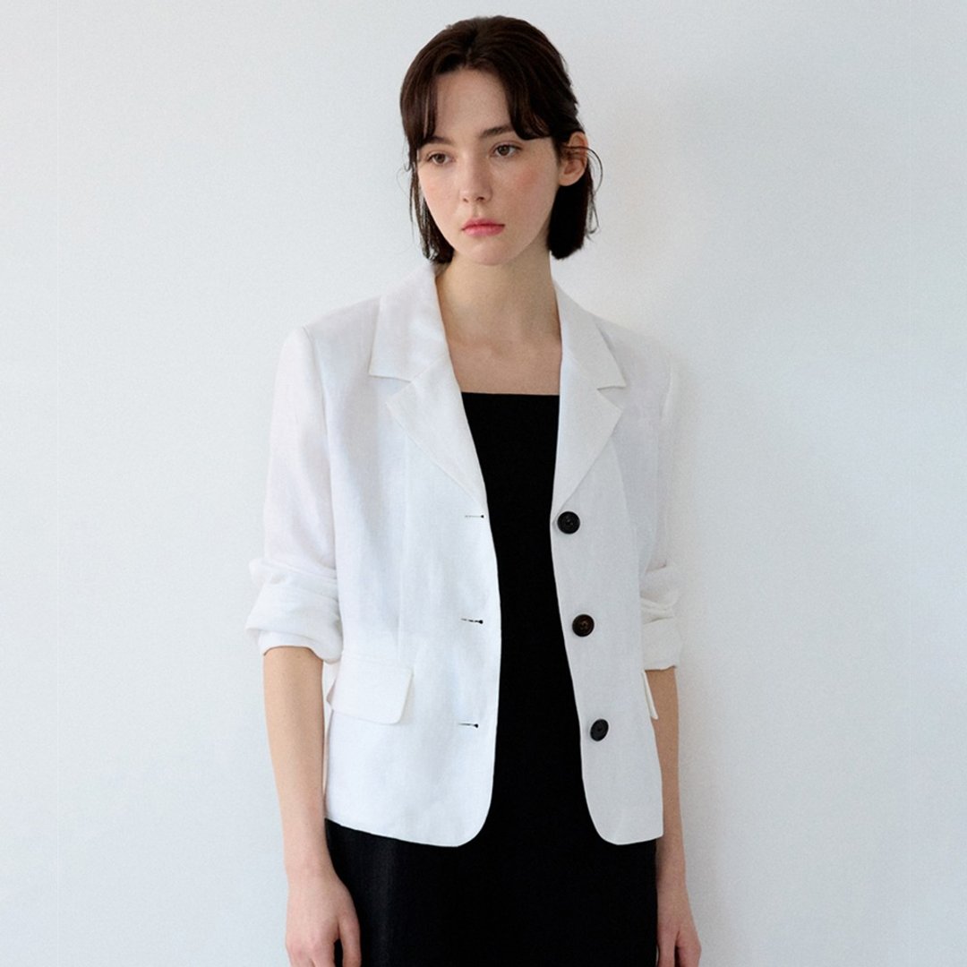 韩国姊妹情谊，Basic Linen Jacket Short - White - 女装休闲/机能外套 - 棉 白色