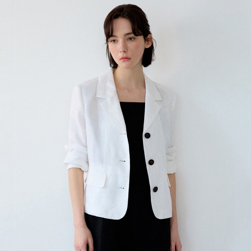 韩国姊妹情谊，Basic Linen Jacket Short - White - 女装休闲/机能外套 - 棉 白色