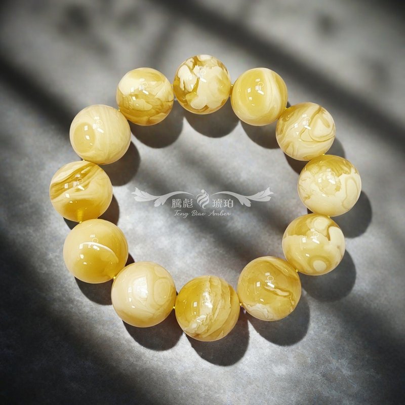 腾彪琥珀 天然琥珀蜜蜡 白花蜜蜡 天眼妖孽溶洞纹 天花板级 手链 - 手链/手环 - 半宝石 黄色