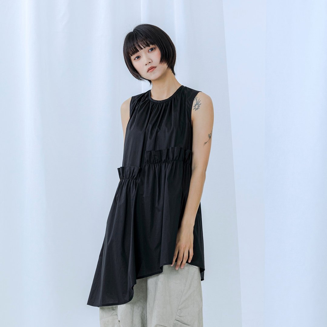 斜摆不对称无袖长上衣 - 女装背心 - 棉 黑色