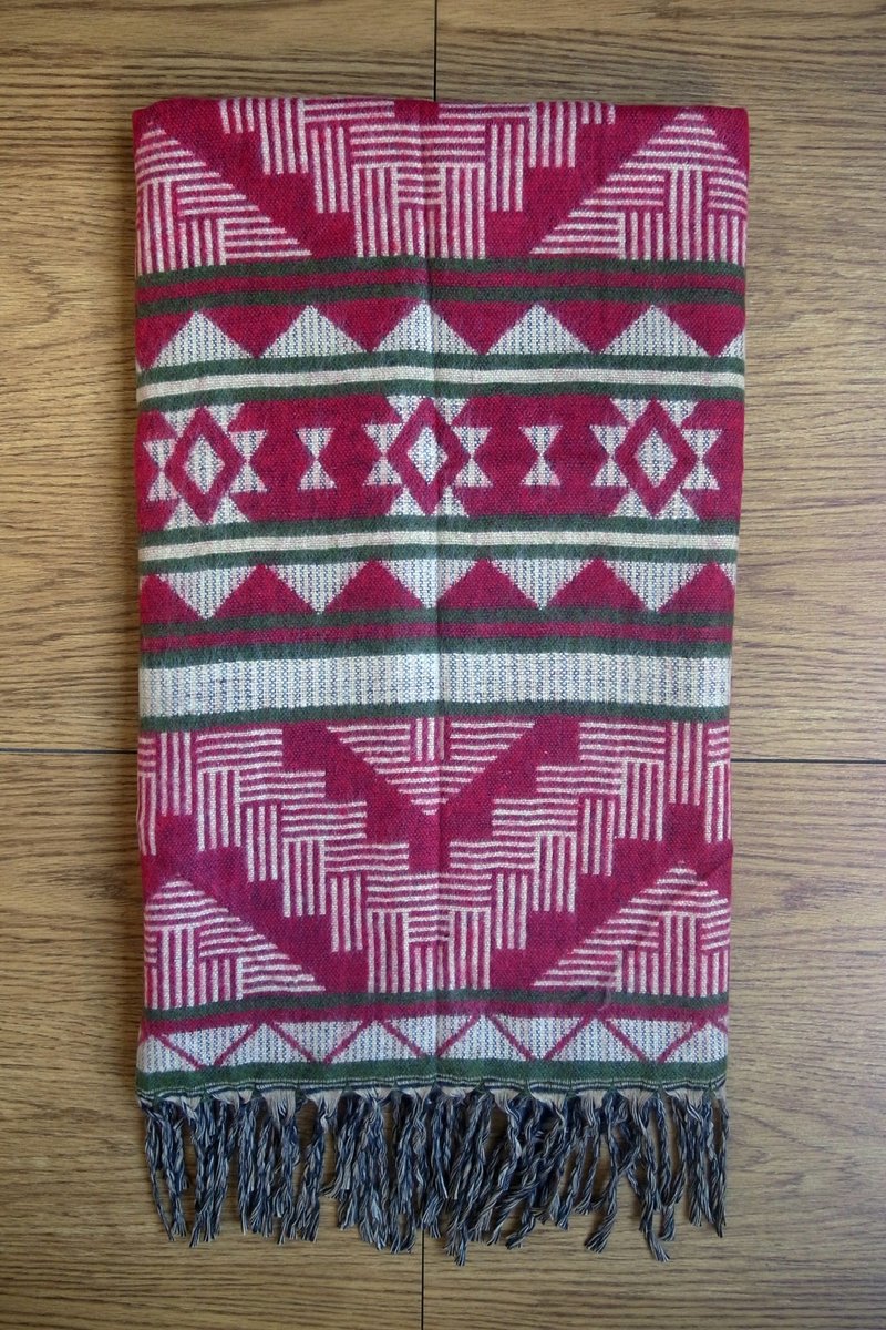 民族风 传统织布 手编 图腾披肩 围巾 露营 毛毯 几合 三角  红 - 围巾/披肩 - 其他材质 红色