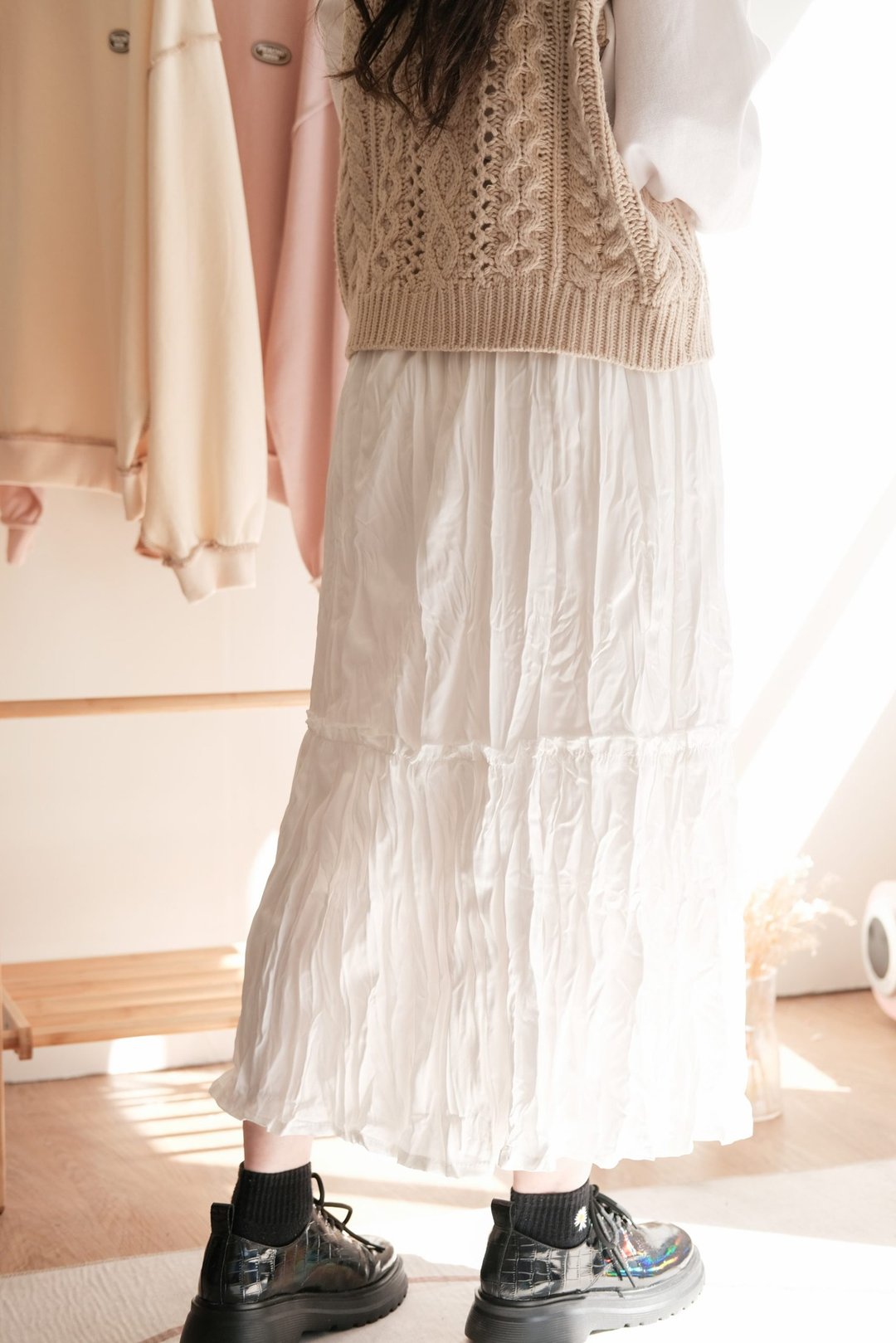 Peachii Ruffle Wrinkle Skirt White EA4108 - 裙子 - 棉 白色
