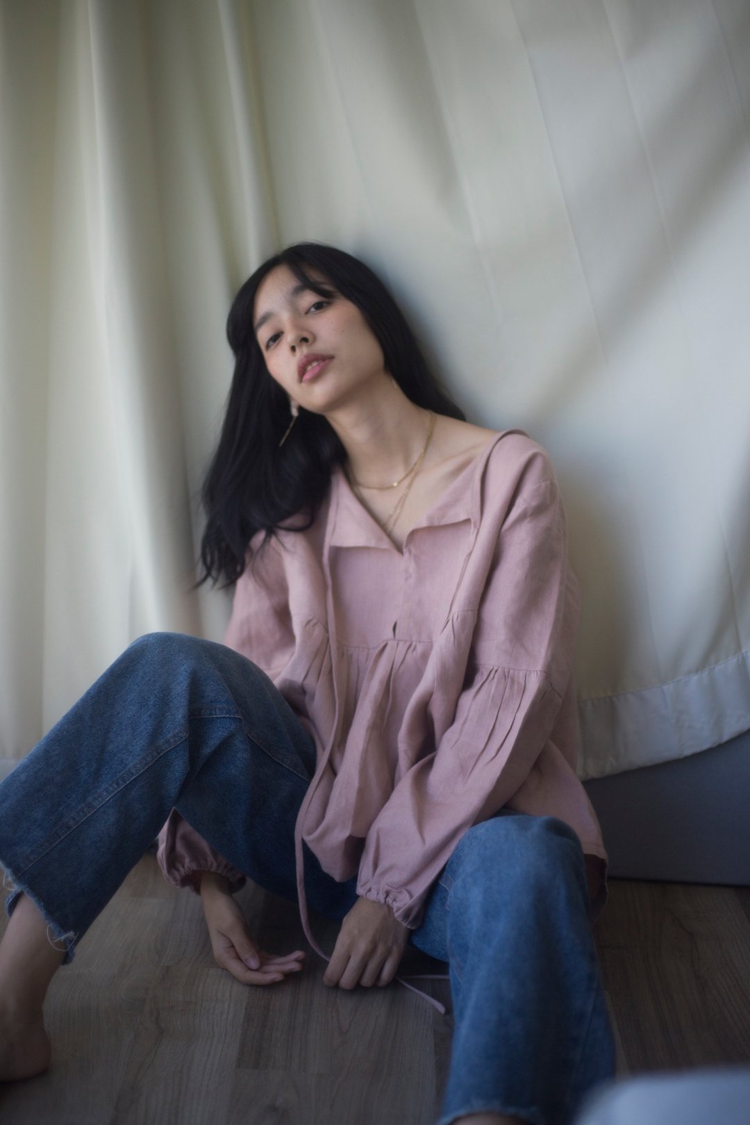Linen long puffy sleeve blouse in Dusty Pink - 女装上衣 - 棉 粉红色