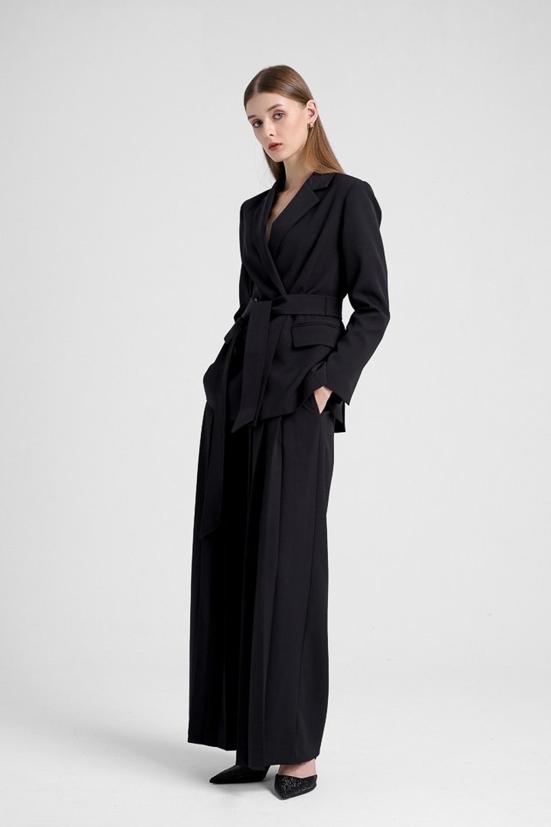 高腰压折落地西装裤 - 黑 - 女装长裤 - 聚酯纤维 黑色