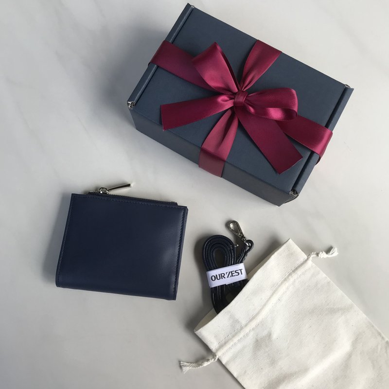 短夾包 真皮皮夾 Leather wallet with strap Blue - 皮夹/钱包 - 真皮 蓝色
