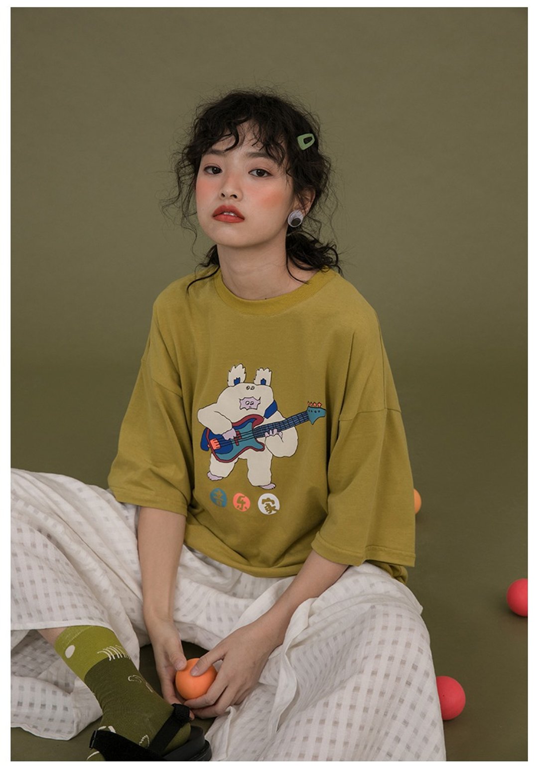 脱力怪 | 音乐家 |卡通童趣ins圆领清新校园古着宽松显瘦t恤短袖 - 女装 T 恤 - 棉 