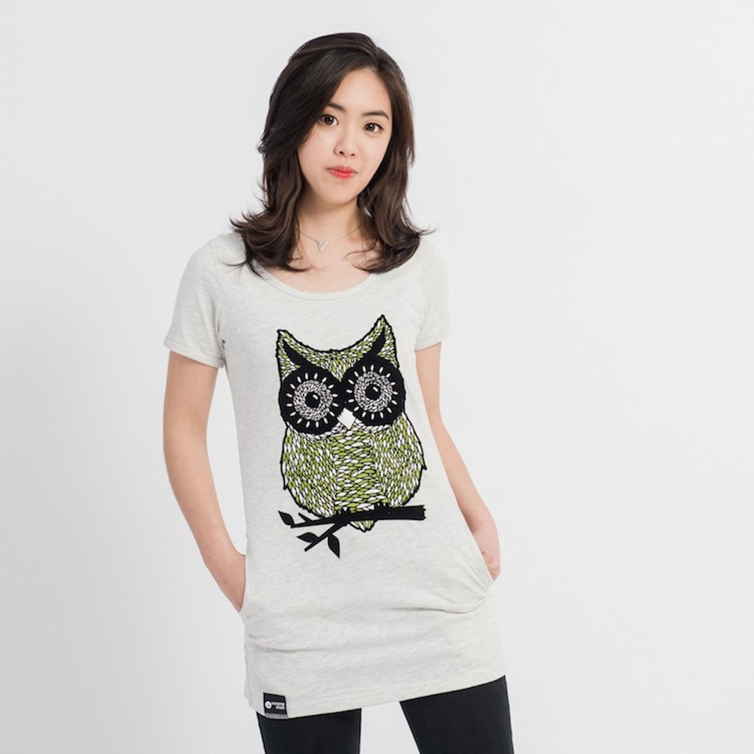 【森林系系列】猫头鹰长版T-麻花白 - 女装上衣 - 棉 黑色