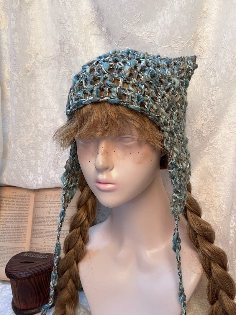 蓝色猫耳钩织耳罩帽 | 手工制作的温暖猫耳冬季帽 - 帽子 - 其他材质 
