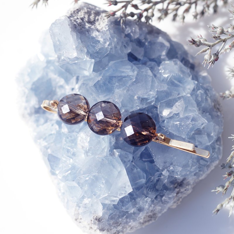 高雅 烟水晶串联宝石发夹 伽罗色 - 发饰 - 石头 咖啡色