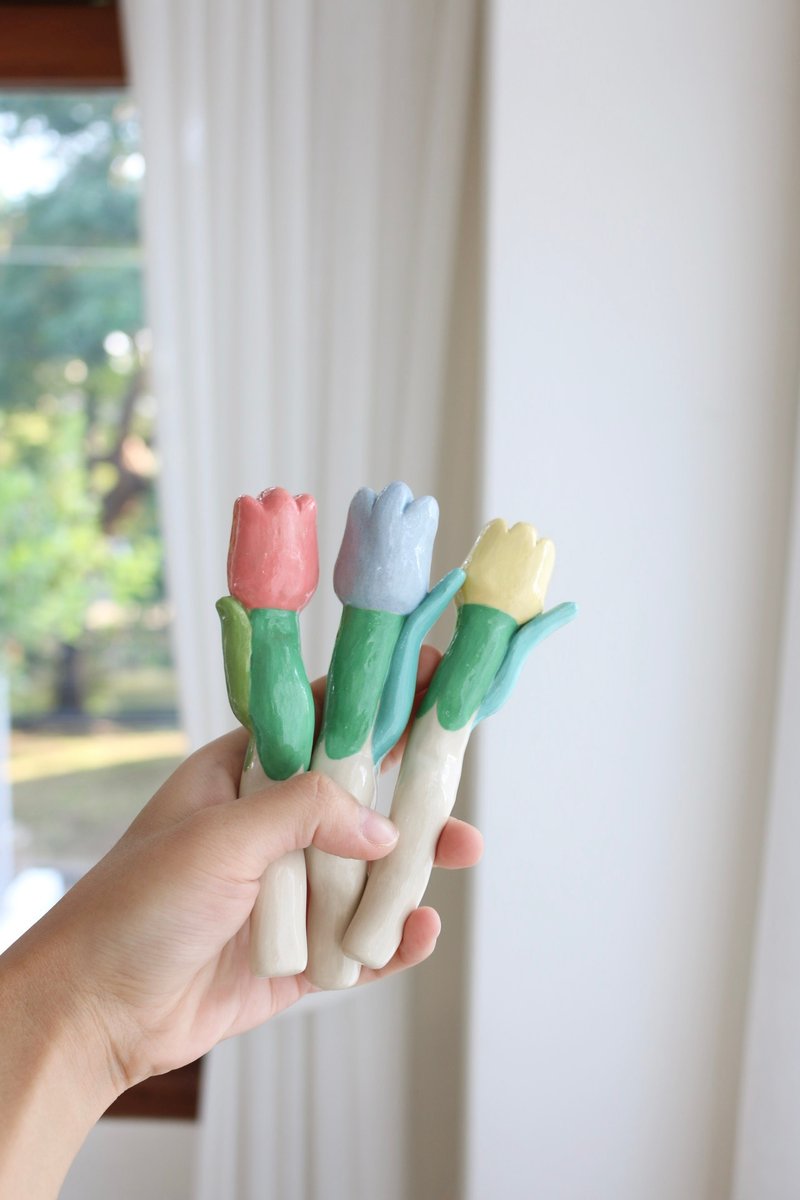 Chopstick holder Tulip  Pastel Color - 花瓶/陶器 - 陶 粉红色