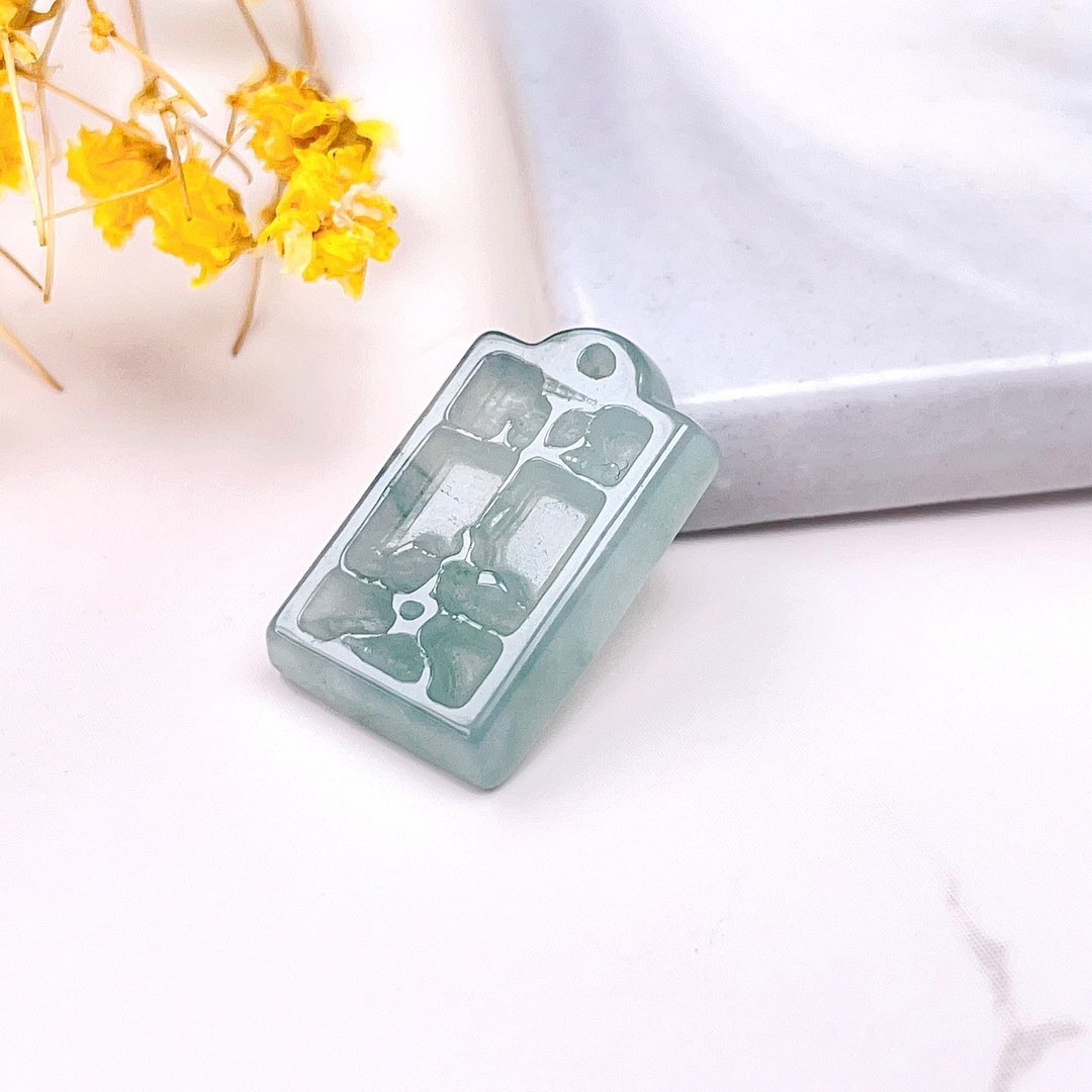 【愿·平安】冰飘绿花翡翠平安牌吊饰 | 天然缅甸翡翠A货 | 送礼 - 吊饰 - 玉石 绿色