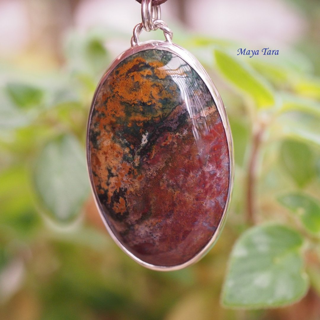 大颗 苔藓玛瑙 庭园水晶 艳色系 手工纯银坠子 Large moss agate - 长链 - 水晶 红色
