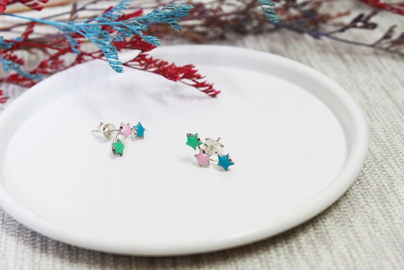 【纯银系列】三色星耳环 - 耳环/耳夹 - 纯银 银色