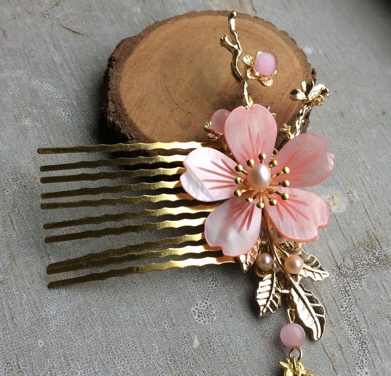 喵手作~中国风古风贝壳樱花发梳(染粉) - 发饰 - 其他材质 粉红色