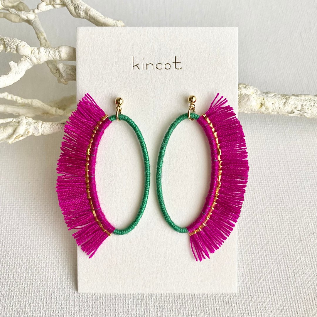 Clinière Earrings・Clip-On[Green x Red Purple] - 耳环/耳夹 - 棉 紫色