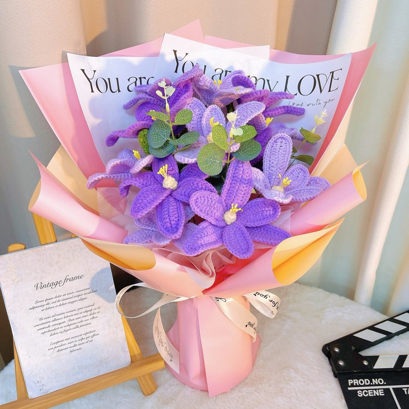情人节礼盒   定制化礼物2025手工钩织混合紫色郁金香花束新 - 干燥花/捧花 - 棉．麻 粉红色