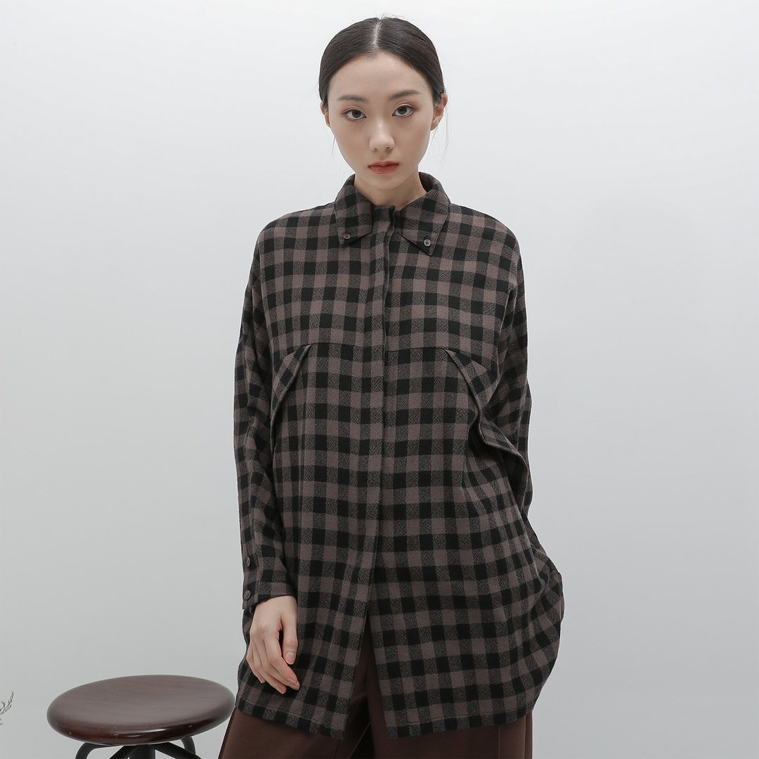 Xujiu_叙旧长版衬衫_22AF007_棕格纹 - 女装衬衫 - 羊毛 咖啡色
